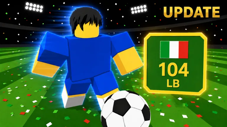 Build A Soccer Squad update promo screenshot: a Roblox character celebrating with confetti next to a newly revealed 104-rated Italy card, official Roblox media