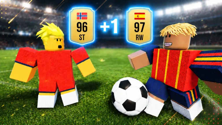 Build A Soccer Squad two-card pack pull showing a 96 OVR Norway ST card and a 97 OVR Spain RW card revealed together, official Roblox media
